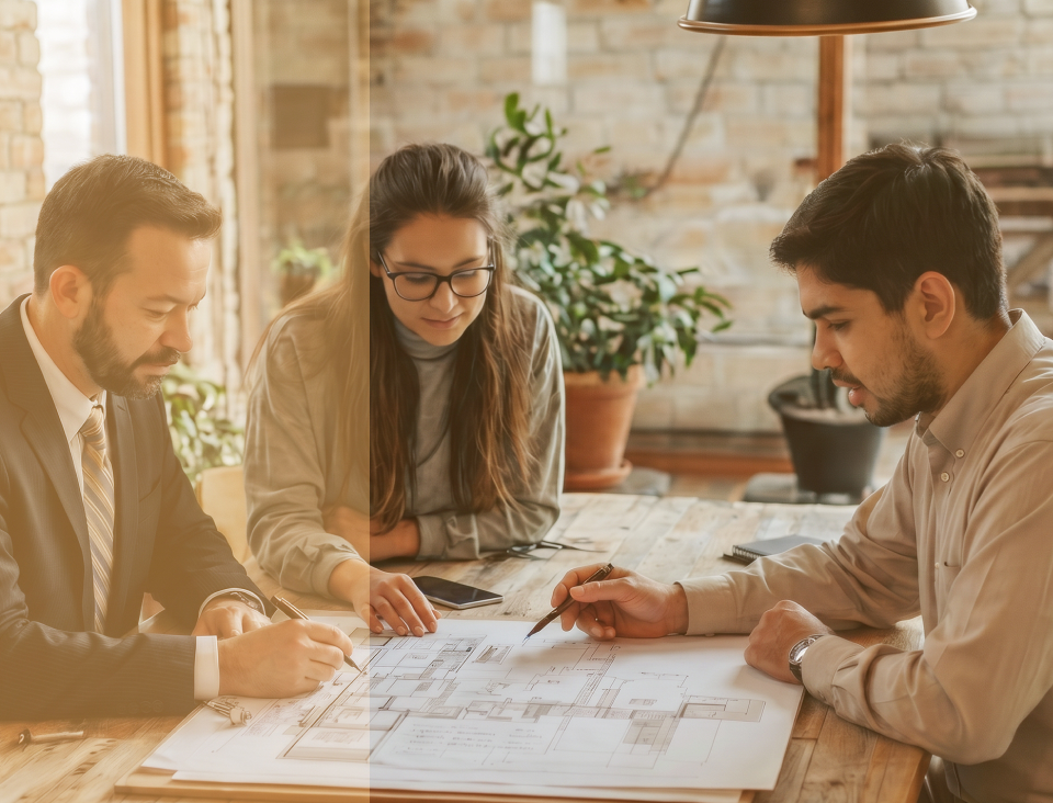 reunião com cliente analisando projeto de arquitetura